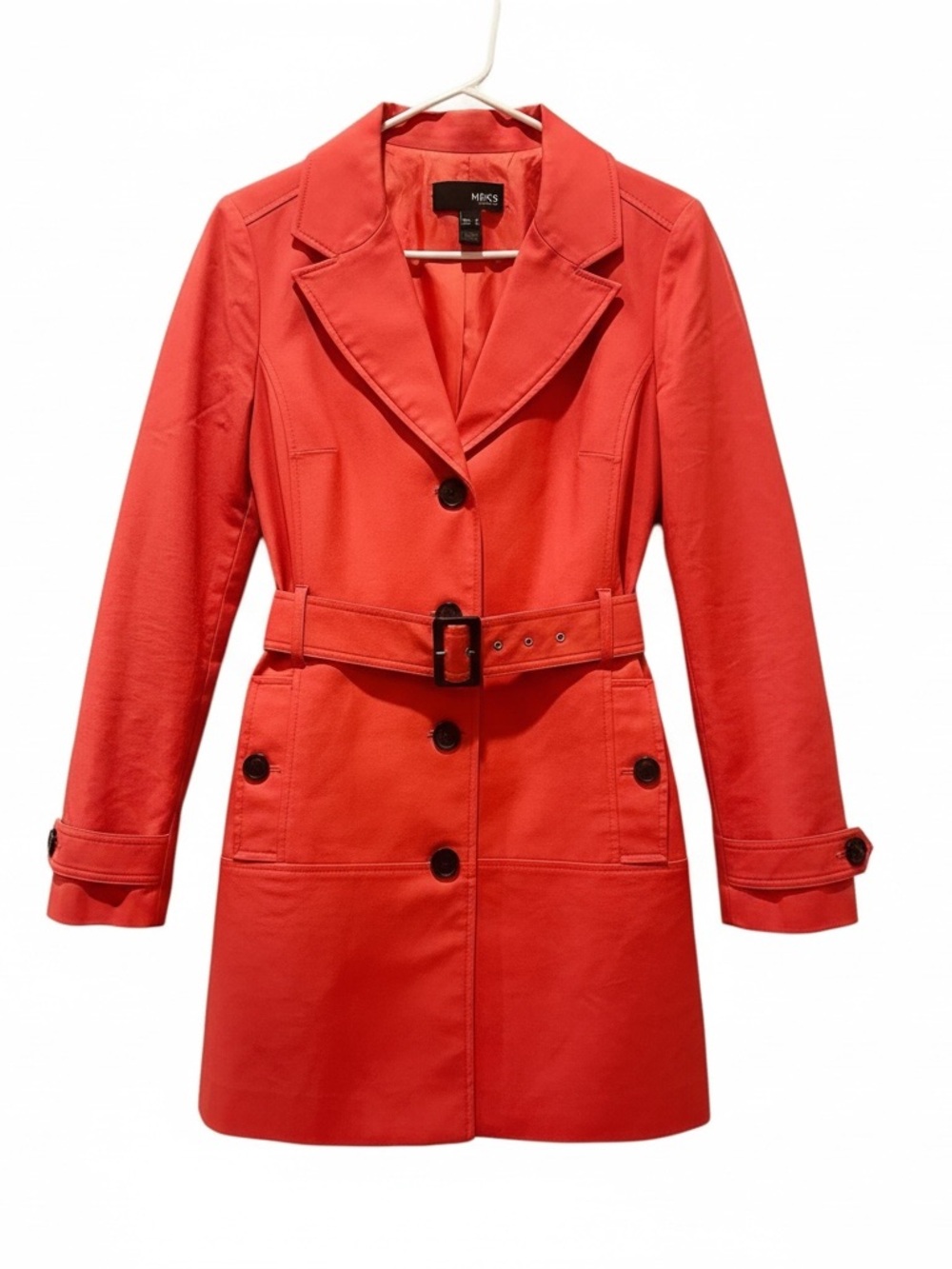 MNG by Mango Women Mid Belted Button Up Trench Coat M Coral Red Autumn Business